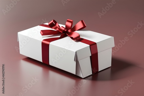 White Gift Box with Red Ribbon, Top View, Isolated on Dark Red Background Minimalist 3D Concept