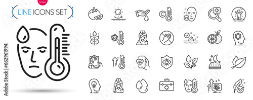 Pack of Medical analyzes, Gluten free and Wash hands line icons. Include Thermometer, Hypoallergenic tested, Skin care pictogram icons. Mental health, Eye protection, First aid signs. Vector