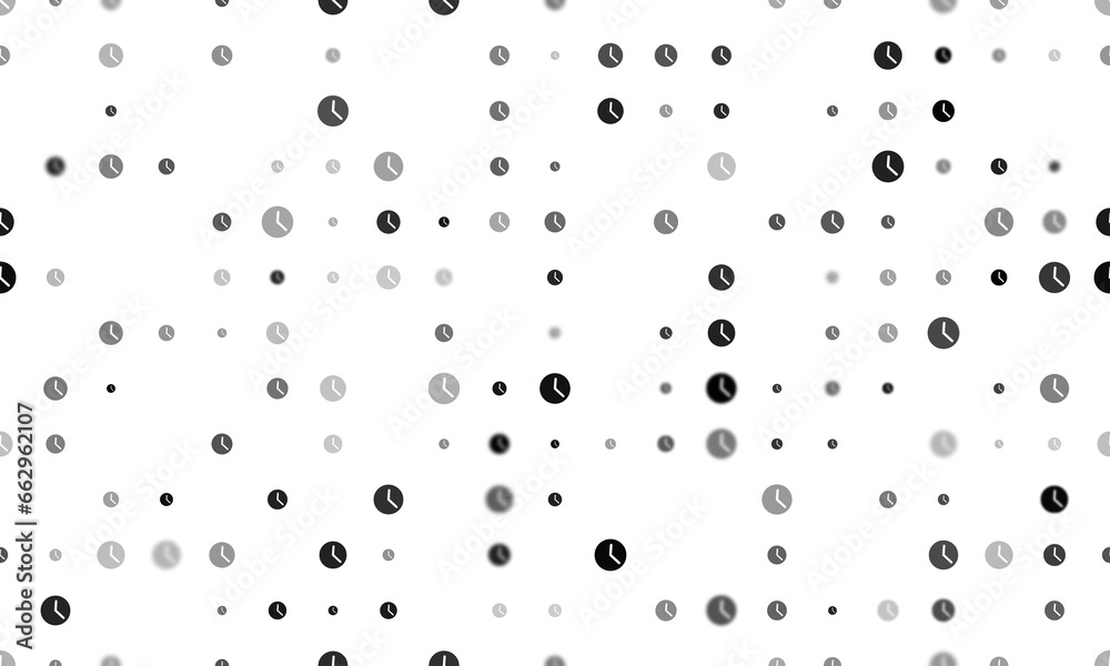 Seamless background pattern of evenly spaced black time symbols of different sizes and opacity. Illustration on transparent background