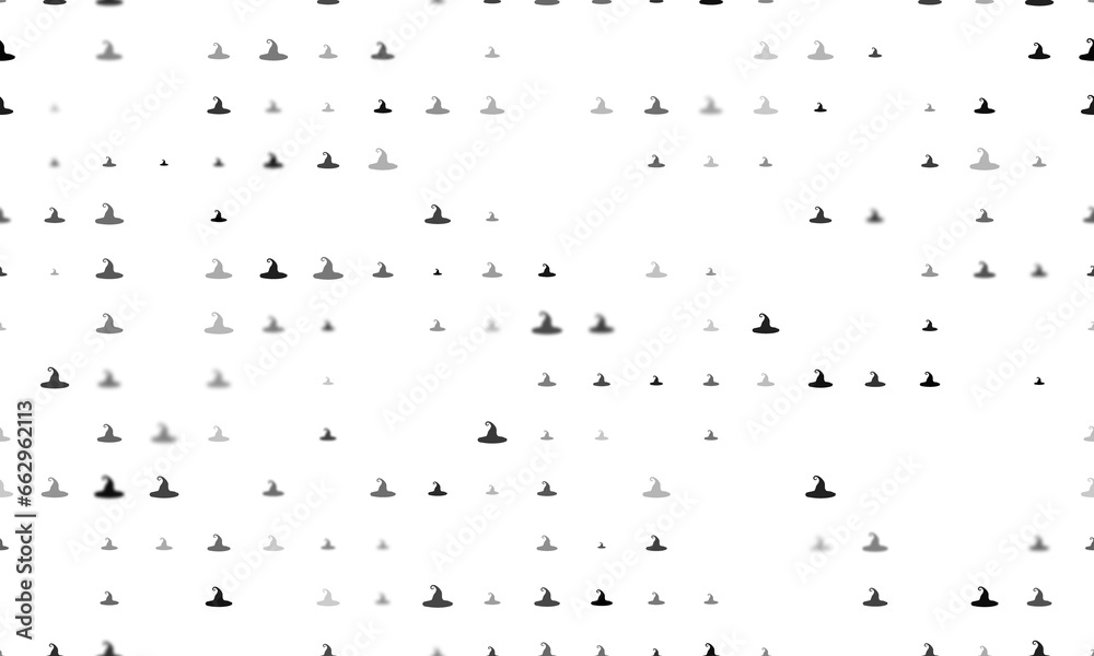 Seamless background pattern of evenly spaced black witch hat symbols of different sizes and opacity. Illustration on transparent background Seamless background pattern of evenly spaced black witch hat symbols of different sizes and opacity. Illustration on transparent background