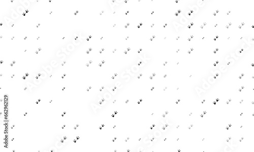 Seamless background pattern of evenly spaced black frog tracks symbols of different sizes and opacity. Illustration on transparent background