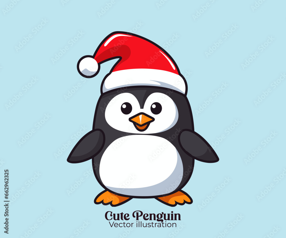 Vector of cute penguin with Santa hat, a Happy winter holiday message from our Christmas cartoon character