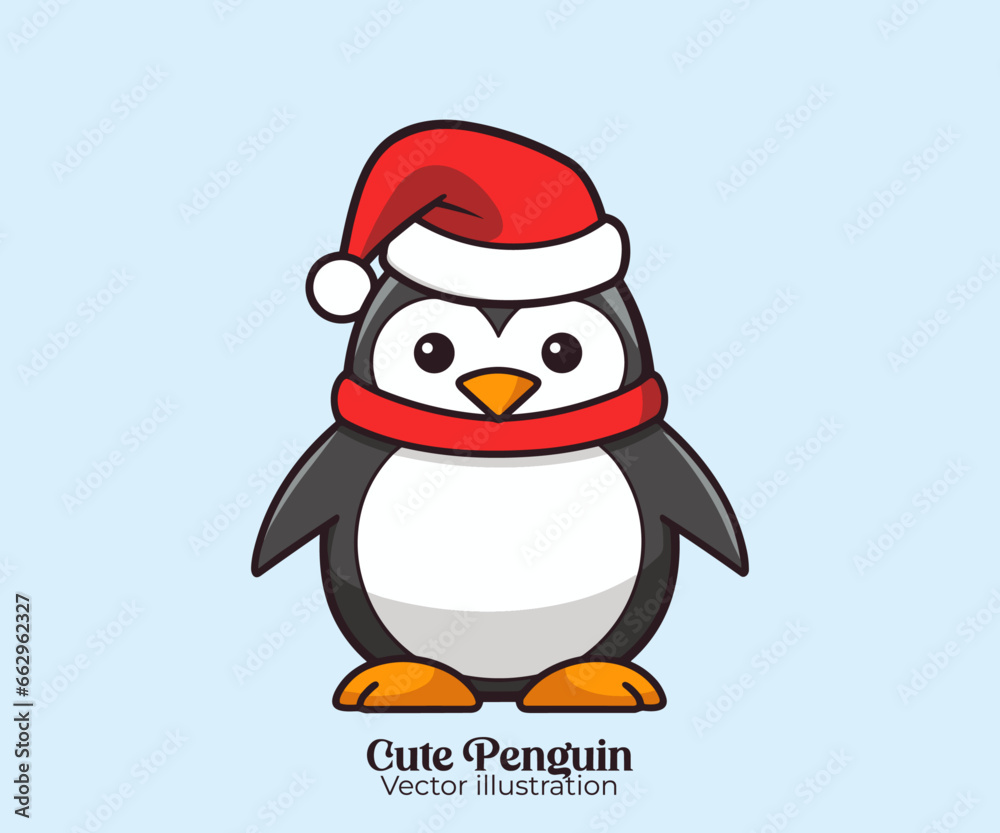 Naklejka premium Christmas cartoon character, a cute penguin with Santa hat vector, celebrating Happy winter holiday
