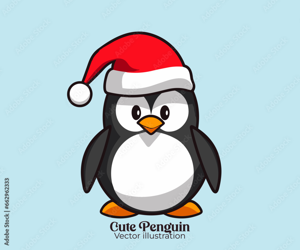 Fototapeta premium Cute penguin vector with Santa hat, a character for Christmas cartoon, wishing Happy winter holiday