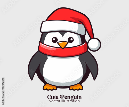 Cute penguin in Santa hat, a vector of Christmas cartoon character for Happy winter holiday