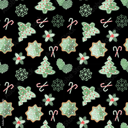 Fototapeta Naklejka Na Ścianę i Meble -  Seamless winter holiday pattern with Christmas decorations on a black background. Vector illustration 