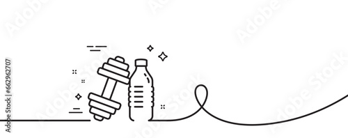 Dumbbell with water bottle line icon. Continuous one line with curl. Workout equipment sign. Gym fit symbol. Dumbbell single outline ribbon. Loop curve pattern. Vector