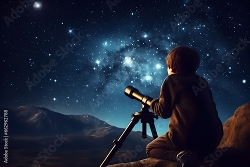 A kid looking through a telescope with a backdrop of a starry night sky. 