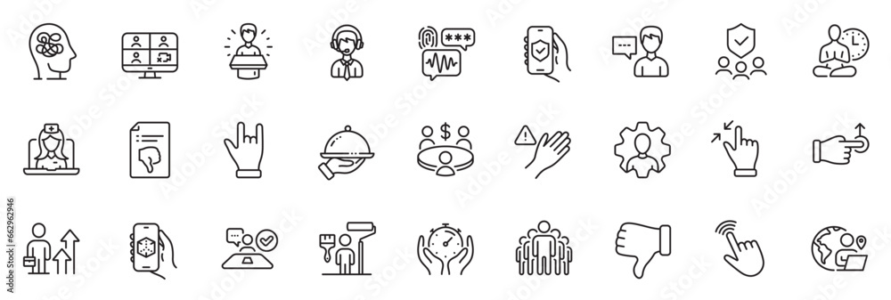 Icons pack as Painter, Biometric security and Person talk line icons for app include Telemedicine, Yoga, Professional outline thin icon web set. Touchscreen gesture, Job interview. Vector