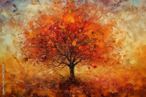 Vivid landscape: autumnal tree in abstract oil painting. Generative AI