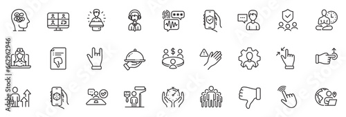 Icons pack as Painter, Biometric security and Person talk line icons for app include Telemedicine, Yoga, Professional outline thin icon web set. Touchscreen gesture, Job interview. Vector