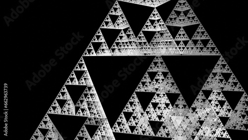 triangle fractal 3d illustration, sierpinski triangle 3d representation. can be used to represent mathematical art of exponential growth, complexity of infinite concept or sacred geometry 
