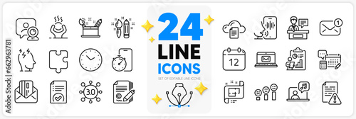 Icons set of Puzzle, Stress and Credit card line icons pack for app with Instruction manual, New message, Web3 thin outline icon. Architectural plan, Video conference, Timer app pictogram. Vector