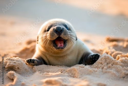 Baby seal lying on the sand on the beach and yawning