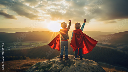 Kids wearing superhero capes posing confidently on top of a hill during sunset.  photo