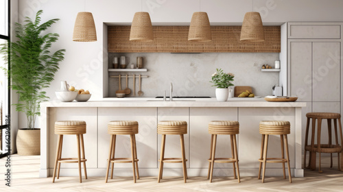 Modern design wooden Scandi-Boho kitchen room with cozy space