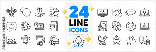 Icons set of Loyalty program, Video conference and Info line icons pack for app with Yoga, Builder warning, Messenger thin outline icon. Trade infochart, Carry-on baggage. Design with 3d stars. Vector