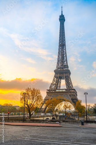 Sunrise behind the Eiffel Tower. Spring morning in Paris, France