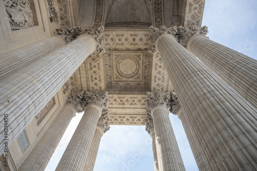 Detailed view of massive ancient columns of Pantheon in Paris, France