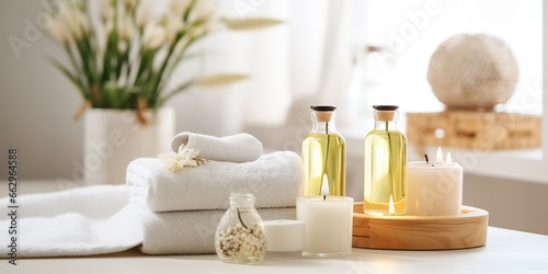 AI Generated. AI Generative. Aroma spa relaxing beauty concept with white clean towels and cosmetic bottles decoration background. Can be used like promotion of massage space