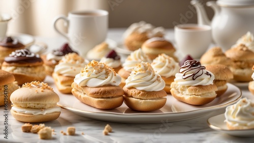 Mouthwatering Display of Cream-Filled Eclairs and Cream Puffs - Sweet Temptation
