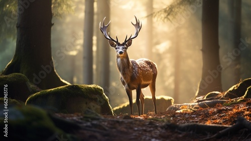 A majestic Axis deer standing gracefully in a sunlit forest clearing, its elegant antlers and coat captured in crisp detail by the HD camera. © Nairobi 