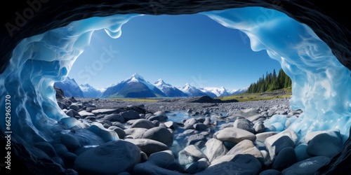 Window to Climate Change: A View of Melting Glacial Scenery from Inside a Cave, Highlighting the Urgency of Addressing Global Warming, Rising Sea Levels, Melting Snow, and the Pursuit of a CO2-Neutral