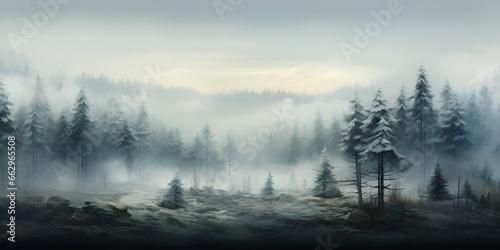 Illustration of misty winter pine trees forest landscape background