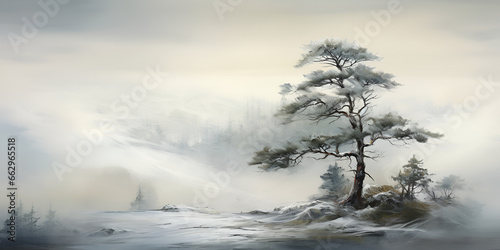 Illustration of misty winter pine tree and mountains landscape background © TatjanaMeininger