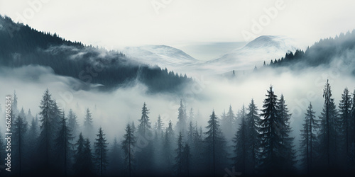 Illustration of misty winter pine trees forest landscape background