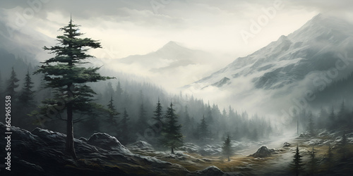 Illustration of misty winter pine trees forest landscape background