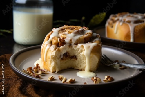 Delicious cinnamon rolls with icing or cream cheese frosting, perfect for breakfast, brunch, or dessert, and optionally topped with pecans or walnuts. Generative AI photo