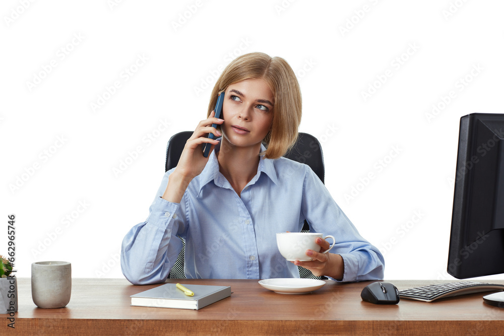 blonde business woman using phone in the office blonde business woman using phone in the office