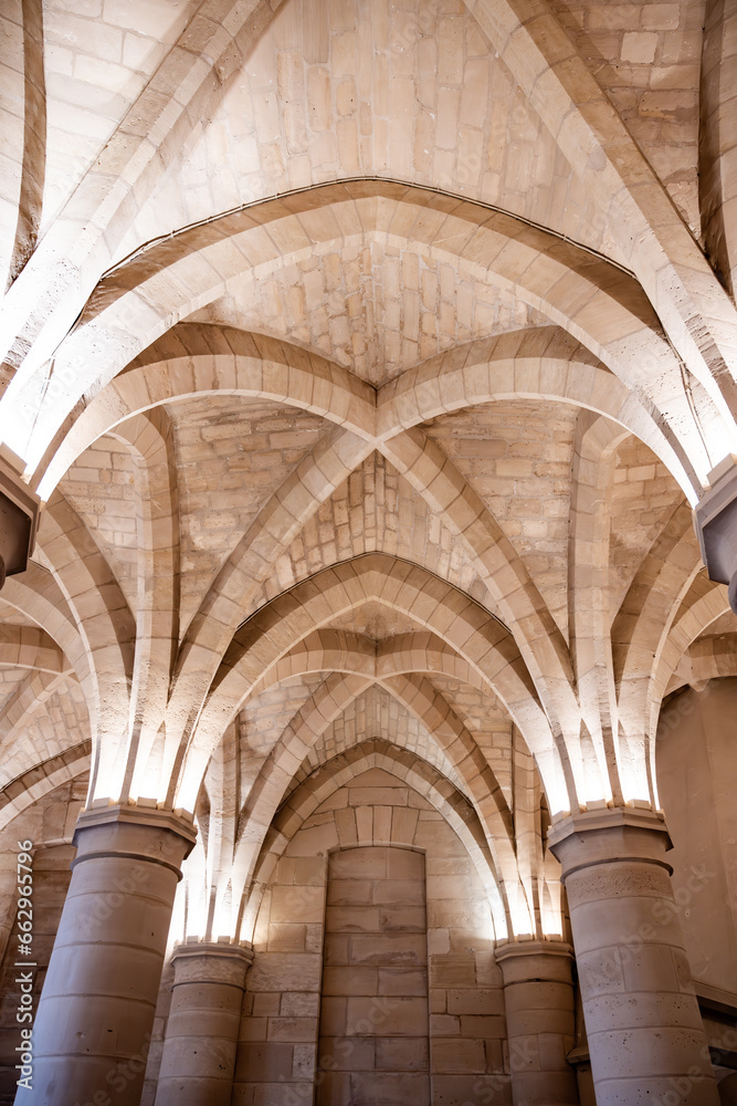 Gothic ceiling of main hall in Conciergerie, former courthouse and prison in Paris, France