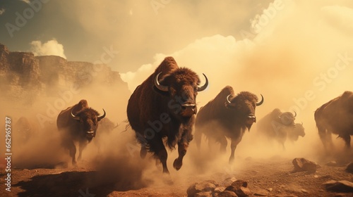A Herd of buffalos stampedes across a barren landscape, a cloud of dust trailing behind them. - generative ai photo