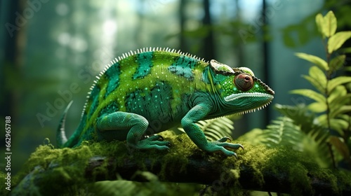 A green colored chameleon in nature. Generative Ai © Nairobi 
