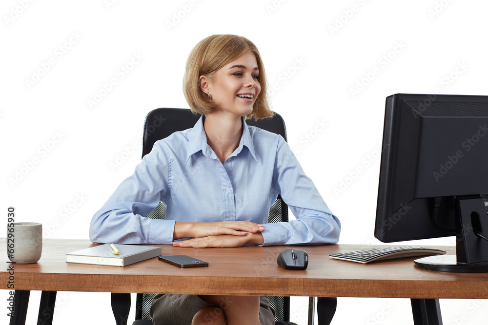 blonde businesswoman talking on video call to client blonde businesswoman talking on video call to client
