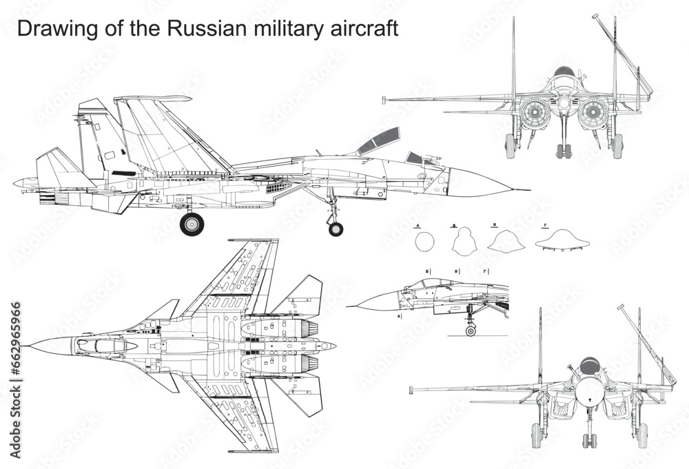Vector drawing of a russian military aircraft.
General view of a war plane fighter bomber su.
Top, side, front, back views. Cad scheme.
Cross section, contour, sketch.