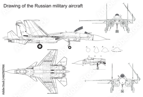 Fototapeta Naklejka Na Ścianę i Meble -  Vector drawing of a russian military aircraft.
General view of a war plane fighter bomber su.
Top, side, front, back views. Cad scheme.
Cross section, contour, sketch.