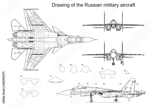 Vector drawing of a russian military aircraft. General view of a war plane fighter bomber su. Top, side, front, back views. Cad scheme. Cross section, contour, sketch.