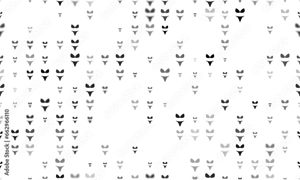 Seamless background pattern of evenly spaced black bikini symbols of different sizes and opacity. Illustration on transparent background