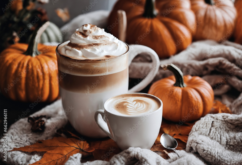 home decoration with latte and pumpkins on a wooden table, still life, cozy, halloween holiday background with lights home decoration with latte and pumpkins on a wooden table, still life, cozy, halloween holiday background with lights