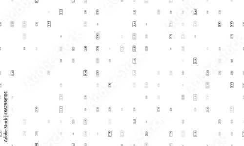 Seamless background pattern of evenly spaced black battery symbols of different sizes and opacity. Illustration on transparent background