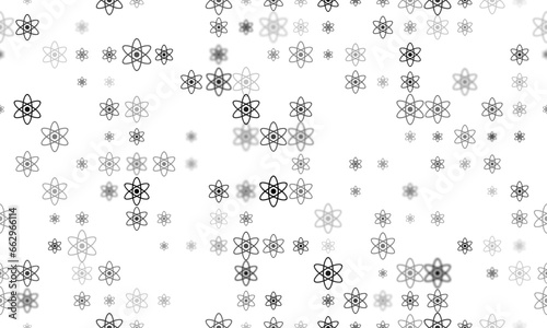 Seamless background pattern of evenly spaced black atomic symbols of different sizes and opacity. Vector illustration on white background