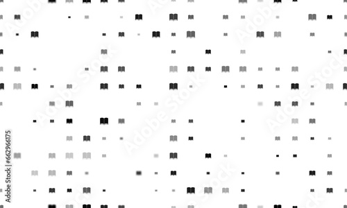 Seamless background pattern of evenly spaced black book symbols of different sizes and opacity. Illustration on transparent background