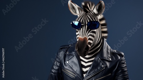 A studio portrait of a funky zebra wearing a leather jacket, aviator sunglasses on a seamless dark blue or grey background, copy space for text.