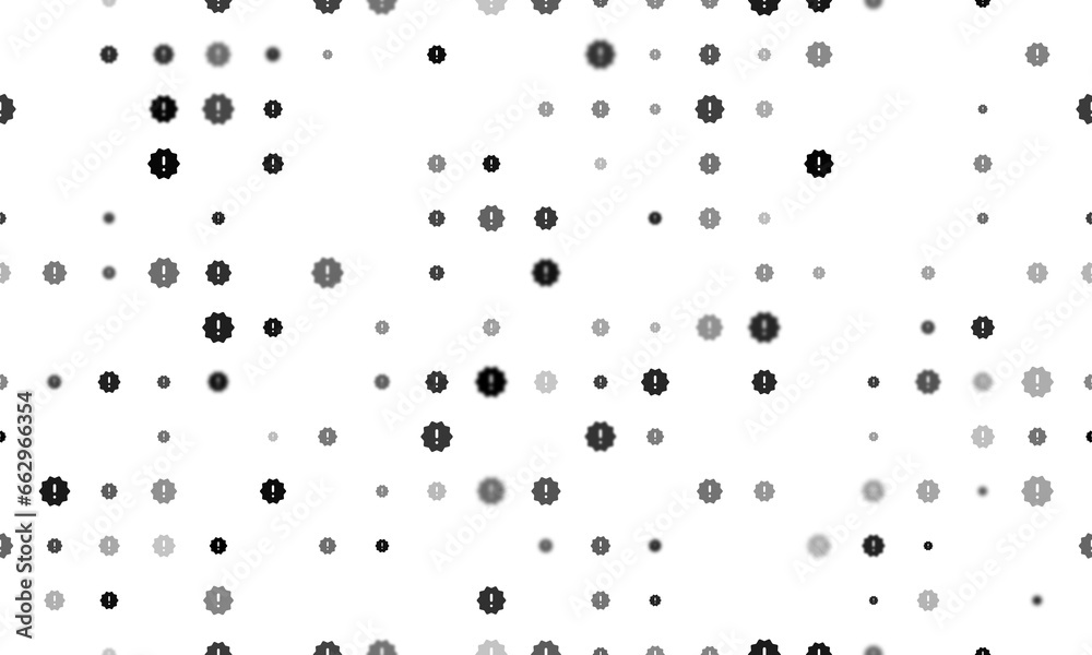 Seamless background pattern of evenly spaced black warning symbols of different sizes and opacity. Illustration on transparent background