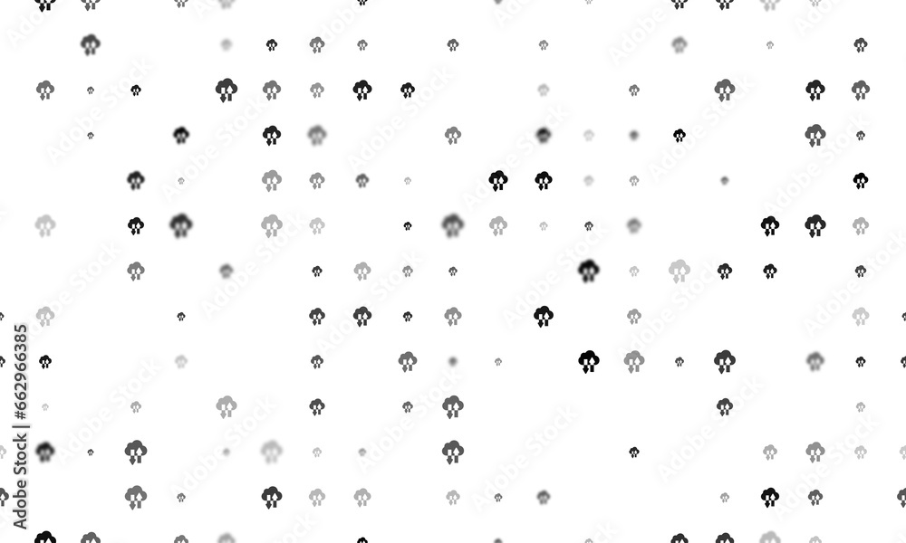 Seamless background pattern of evenly spaced black cloud technology symbols of different sizes and opacity. Illustration on transparent background