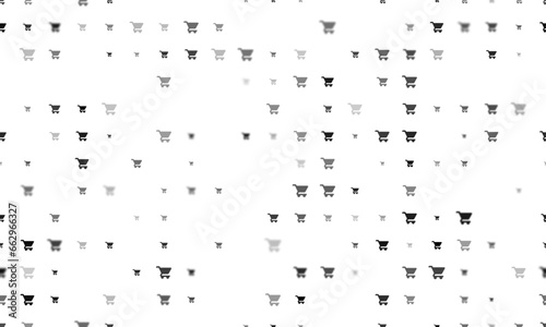 Seamless background pattern of evenly spaced black shopping cart symbols of different sizes and opacity. Vector illustration on white background