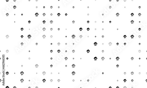 Seamless background pattern of evenly spaced black cloud technology symbols of different sizes and opacity. Illustration on transparent background